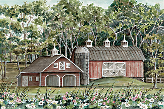 Cindy Jacobs CIN4388 - CIN4388 - Country Quiet - 18x12 two red barns, silo, forest background, colorful flower bed, rural scene, classic Americana farm, sunny day, country life painting from Penny Lane