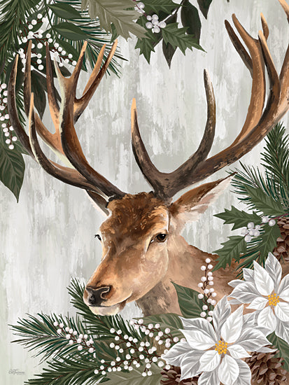Cat Thurman Designs CTD400 - CTD400 - Holiday Deer - 12x16 deer with holiday foliage, pinecones and white poinsettias, winter forest animal, holiday nature scene, Christmas decor, majestic buck, seasonal animal art from Penny Lane