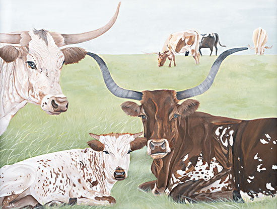 Diane Fifer DF186 - DF186 - Cows in Pasture - 16x12 longhorn cattle, painted cows, colorful cow painting, rural pasture, western art, farm animals in landscape from Penny Lane