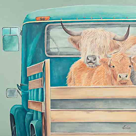 Diane Fifer DF199 - DF199 - Going on an Adventure - 12x12 cows in truck, green vintage vehicle, mother and calf, Highland cattle, rustic illustration, barnyard scene, rural transport from Penny Lane
