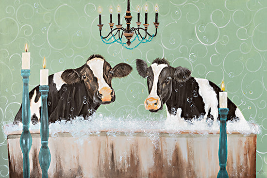 Diane Fifer DF200 - DF200 - Candlelight Bubblebath - 18x12 cows in bathtub, humorous farm scene, bathroom with chandelier, teal and green color scheme, playful art, bubbles and candles from Penny Lane