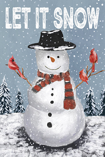 Dogwood Portfolio DOG243 - DOG243 - Let It Snow Snowman   - 12x18 let it snow snowman, snowflakes falling, cardinals in winter, red scarf and hat, festive smile, snow-covered trees, painted winter scene from Penny Lane