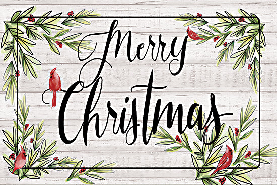 Dogwood Portfolio DOG246 - DOG246 - Merry Christmas Cardinals    - 18x12 merry christmas cardinals, pine branches, red birds on branches, holiday wreath look, white wood texture background, festive greenery, watercolor effect from Penny Lane