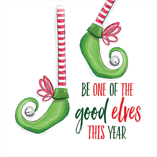 Dogwood Portfolio DOG355 - DOG355 - Good Elves - 12x12 Elf shoes Christmas sign, green curly-toed shoes, pink striped stockings, good elves quote, whimsical holiday artwork, red and green type, playful illustration from Penny Lane