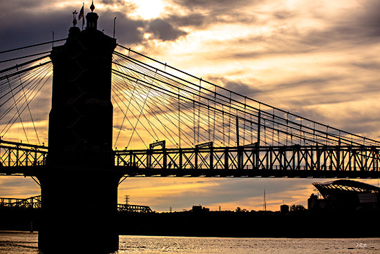 Donnie Quillen DQ310 - DQ310 - Bridge VII - 18x12 bridge silhouette, sunset, suspension bridge, water reflection, city skyline, golden sky, dramatic lighting from Penny Lane