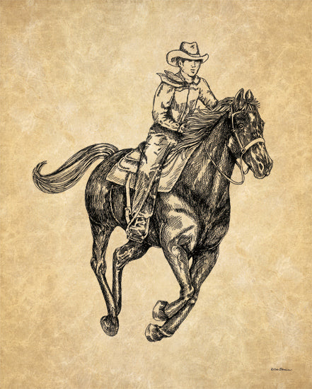 Deb Strain DS2197 - DS2197 - Cowboy on Horse I    - 12x16 cowboy on horse, vintage sketch, equestrian rider, sepia illustration, western outfit, retro style, galloping horse from Penny Lane