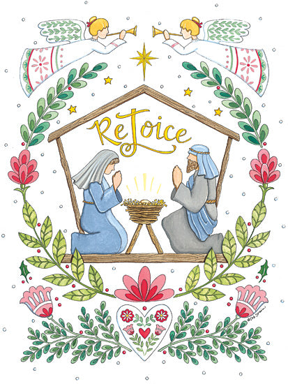 Deb Strain DS2361 - DS2361 - Rejoice Nativity - 12x16 Rejoice nativity scene, Mary and Joseph, baby Jesus, angels with trumpets, Christmas religious theme, floral border, holy family, biblical story from Penny Lane