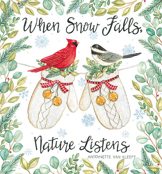 Deb Strain DS2363 - DS2363 - When Snow Falls, Nature Listens - 12x12 When Snow Falls, Nature Listens, winter mittens, cardinal and chickadee birds, pine branches, red berries, holiday quote, snowflakes, peaceful winter scene from Penny Lane