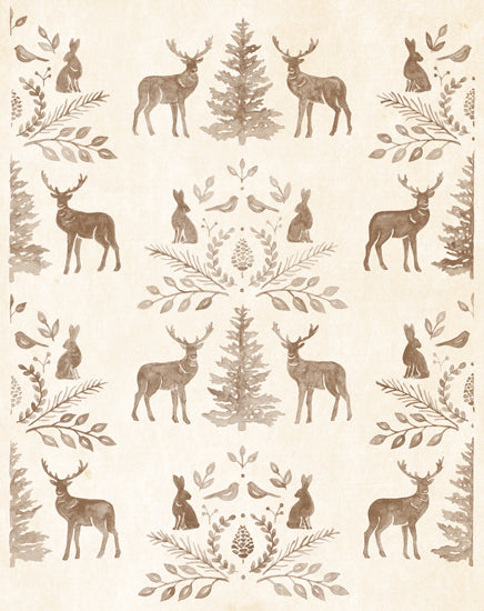 Deb Strain DS2372 - DS2372 - Woodland Animals Silhouettes II  - 12x16 woodland animals, deer, rabbits, pine tree, symmetrical folk pattern, brown ink, nature theme, vintage wallpaper from Penny Lane
