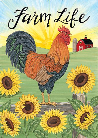 Deb Strain DS2412 - DS2412 - Farm Life Rooster - 12x16 farm life, rooster, sunflowers, red barn, sunrise, green pasture, country scene, farm animal, rustic style, rural landscape from Penny Lane