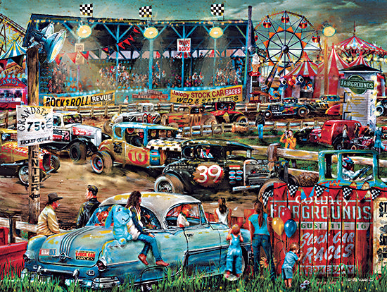 Ed Wargo ED505 - ED505 - Fairground Stock Car Races - 16x12 Old-fashioned stock car racing, grandstand, fairgrounds, vintage cars, nostalgic motorsport event, colorful racing scene from Penny Lane
