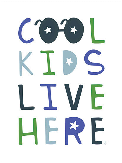 Elizabeth Tyndall ET491 - ET491 - Cool Kids Live Here - 12x16 cool kids text, playful font, sunglasses with stars, colorful typography, children motivation, nursery wall art, fun message from Penny Lane