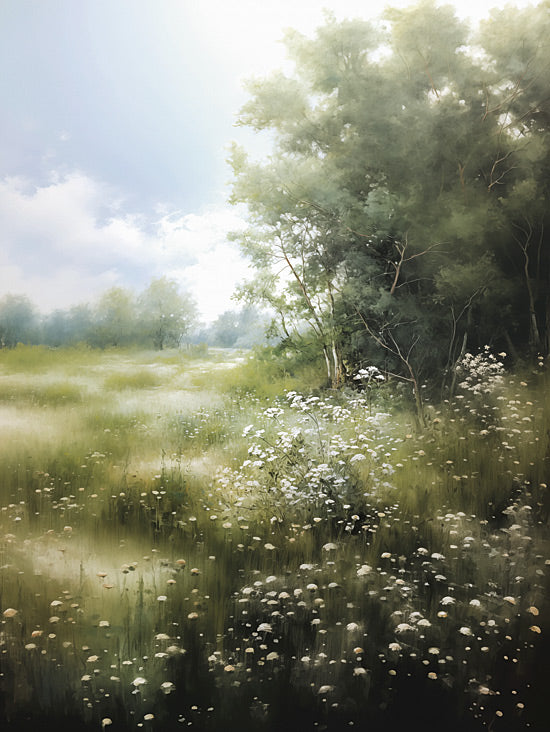 Heidi Kuntz HK234 - HK234 - Greener Pastures   - 12x18 sunlit field, flowering meadow, tree line, soft pastel painting, atmospheric light, summer landscape, heidi kuntz from Penny Lane