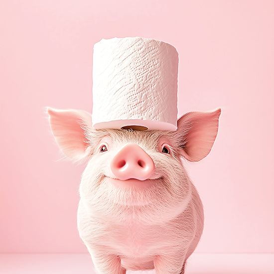 Heidi Kuntz HK513 - HK513 - Silly Piggy - 12x12 cute pig, roll of toilet paper on head, humorous animal photo, pink background, smiling pig, whimsical concept, studio portrait from Penny Lane