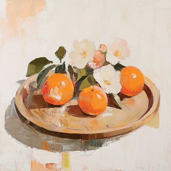 Heidi Kuntz HK570 - HK570 - Citrus Harmony I - 12x12 still life, oranges, floral arrangement, wooden tray, textured painting, bright colors from Penny Lane
