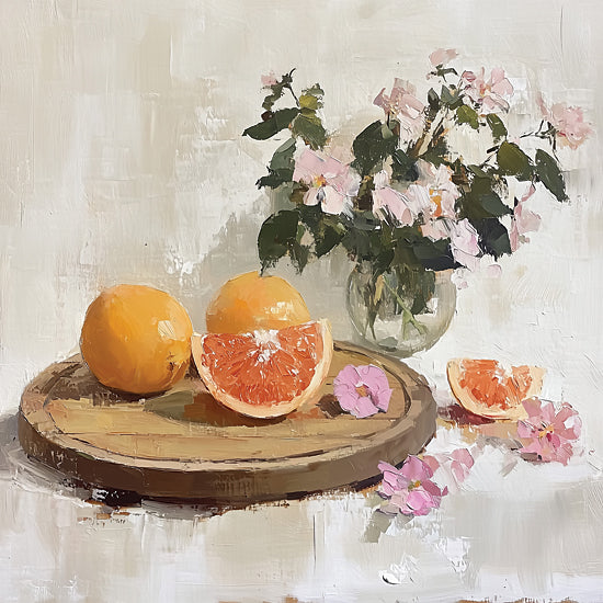 Heidi Kuntz HK571 - HK571 - Citrus Harmony II - 12x12 grapefruit, oranges, pink flowers, vase, still life painting, bright natural tones from Penny Lane