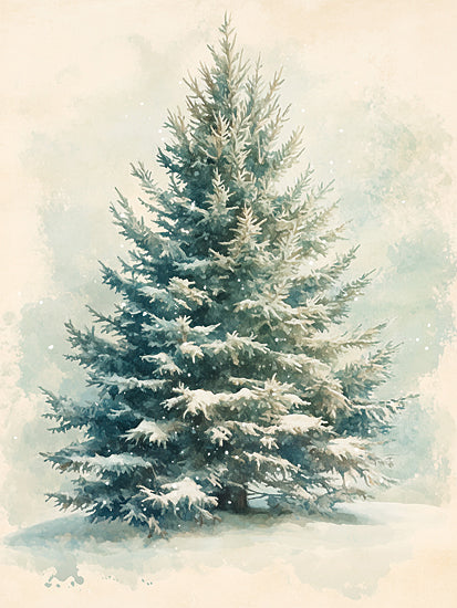 Heidi Kuntz HK586 - HK586 - First Snow - 12x16 snow-covered evergreen tree, pine tree, soft snowfall, winter landscape, watercolor style, natural greenery, serene atmosphere, nature scene, forest tree, holiday card from Penny Lane