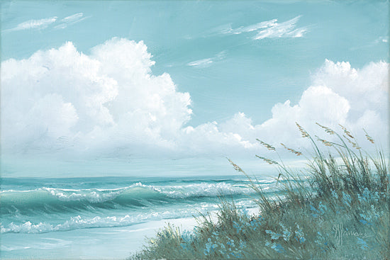 Georgia Janisse JAN332 - JAN332 - Blue Breezes  - 18x12 coastal dunes, seagrass by the shore, turquoise ocean, fluffy white clouds, serene beach scene, horizon over water, tranquil seascape, painterly brushstrokes from Penny Lane