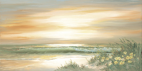 Georgia Janisse JAN351 - JAN351 - Daisies in the Dunes - 18x9 sunset beach, orange sky reflection, yellow flowers, soft green waves, warm beach glow, romantic seascape, coastal floral, painterly sunset from Penny Lane