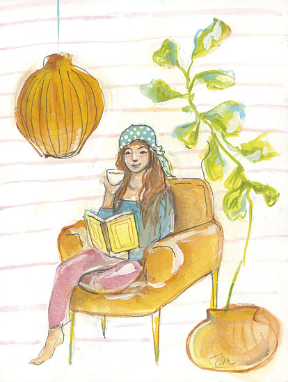 Jessica Mingo JM653 - JM653 - Me Time - 12x16 woman, reading, cozy, chair, cup, tea, plant, indoor, lamp, comfort, relaxing, watercolor, stripes, peaceful, feminine from Penny Lane
