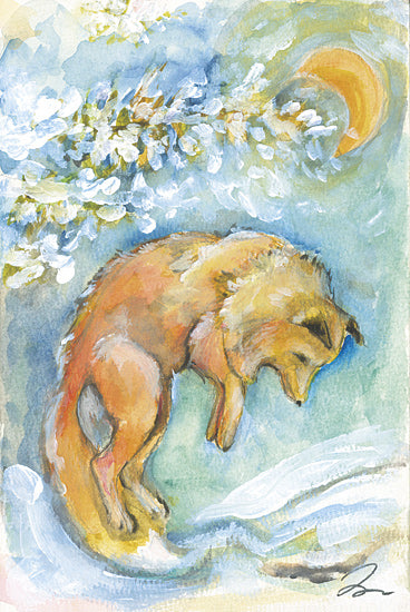 Jessica Mingo JM663 - JM663 - Moonlight Mischief - 12x18 fox, wildlife, jumping fox, watercolor animal, impressionistic wildlife, spring blossoms, crescent moon, green background, expressive animal art from Penny Lane