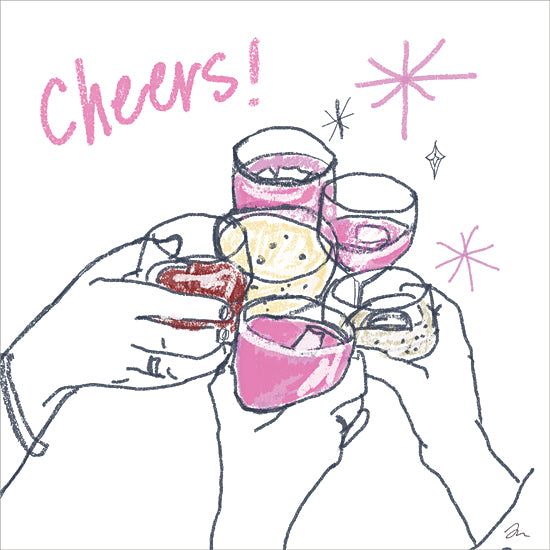 Jessica Mingo JM666 - JM666 - Cheers - 12x12 Cheers toast, celebratory drinks, sketch hands, pink bubbly, sparkling glasses, party moment, hand illustration from Penny Lane