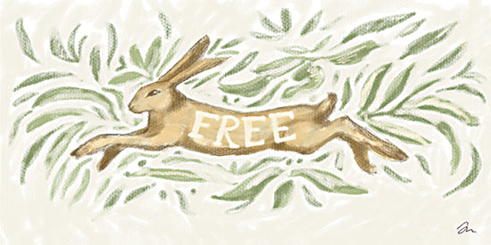 Jessica Mingo JM667 - JM667 - Hare in Motion - 18x9 leaping rabbit, 'FREE' text, whimsical style, green leaves, motion and freedom, pastel color palette, illustrated animal, hand-drawn texture, inspirational design from Penny Lane