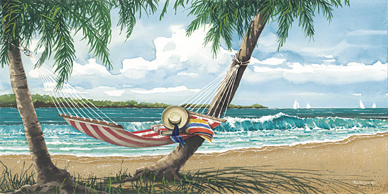John Rossini JR438 - JR438 - Retired Life - 18x9 hammock on palm trees, ocean breeze, beach hat and towel, seaside relaxation, tropical scene, peaceful getaway from Penny Lane