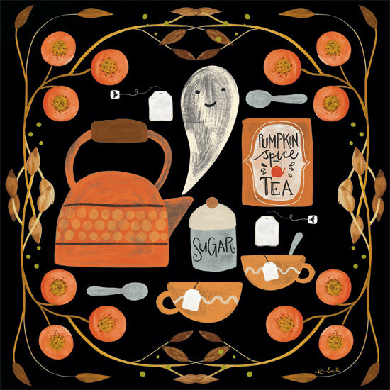 Katie Doucette KD268 - KD268 - Pumpkin Spice Tea - 12x12 pumpkin spice tea, autumn theme, sugar and cups, cute ghost, dark background, orange accents, fall tea illustration from Penny Lane