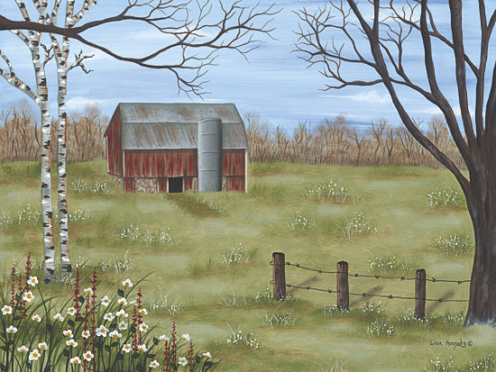 Lisa Kennedy KEN1331 - KEN1331 - Summer Barn - 16x12 red barn, field, birch trees, wildflowers, blue sky, rural scene, fence, peaceful farm, early spring, folk art from Penny Lane