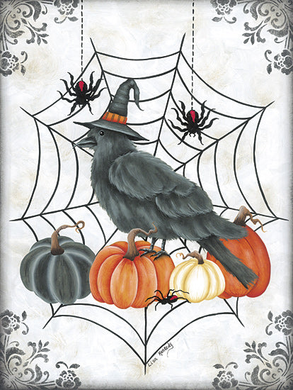 Lisa Kennedy KEN1332 - KEN1332 - Black Crow - 12x16 crow, pumpkins, witch hat, spiders, Halloween decor, web background, spooky setting, blackbird costume, seasonal art from Penny Lane