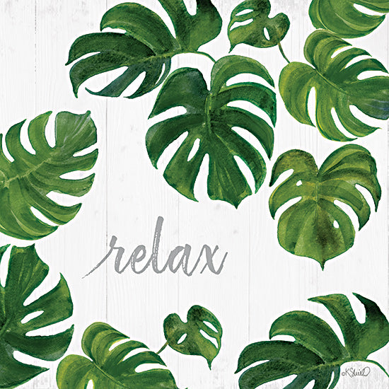 Kate Sherrill KS283 - KS283 - Relax - 12x12 Monstera leaf pattern, green foliage, relax typography, spa decor, botanical art, modern natural design, KShull from Penny Lane