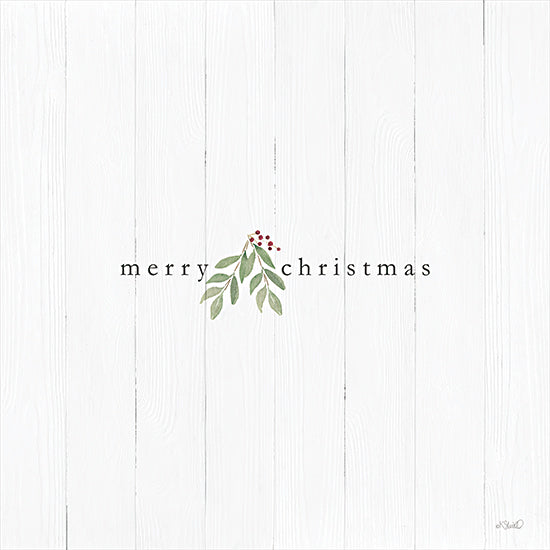 Kate Sherrill KS290 - KS290 - Merry Christmas - 12x12 Merry Christmas typography, minimalist holiday decor, mistletoe, white wood background, seasonal greeting art, festive minimalist, KShull from Penny Lane