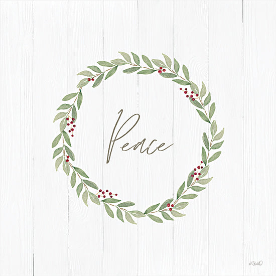 Kate Sherrill KS291 - KS291 - Peace Wreath - 12x12 Peace text, holiday wreath, botanical circle, green leaves, red berries, simple Christmas decor, farmhouse art, KShull from Penny Lane