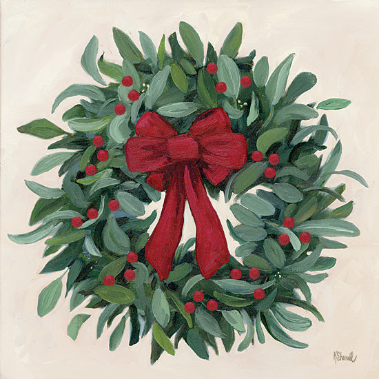 Kate Sherrill KS295 - KS295 - Eucalyptus Christmas Wreath    - 12x12 holiday wreath, red ribbon, green foliage, christmas decor painting, seasonal greeting, winter greenery art from Penny Lane