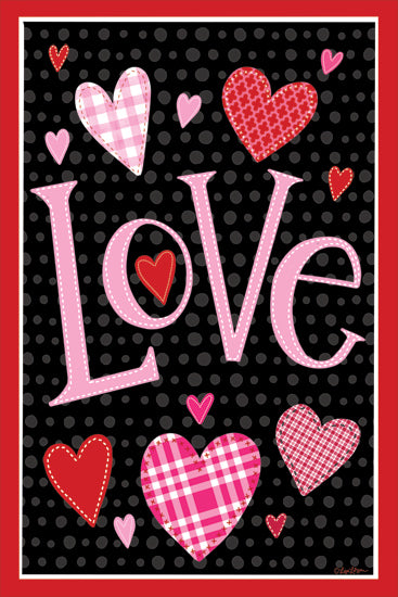 Lisa Larson LAR684 - LAR684 - Love Hearts - 12x18 LOVE word art, patchwork hearts, Valentine's motif, stitched effect, polka dot background, red and pink palette from Penny Lane