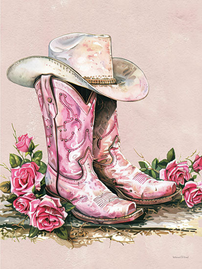 lettered & lined LET1298 - LET1298 - Roses and Cowgirls - 12x16 cowgirl boots, pink roses, cowgirl hat, feminine western attire, watercolor art, rustic floral boots, vintage western style from Penny Lane
