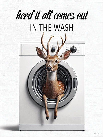 lettered & lined LET1304 - LET1304 - Comes Out in the Wash Deer - 12x16 deer in washer, laundry pun, whimsical deer art, animal humor, stylized woodland creature, funny laundry quote from Penny Lane