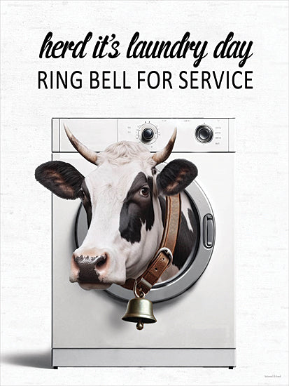 lettered & lined LET1305 - LET1305 - Ring Bell for Service Cow - 12x16 cow in washer, laundry pun, bell collar cow, funny farm animal art, cartoon cow, humorous laundry quote from Penny Lane