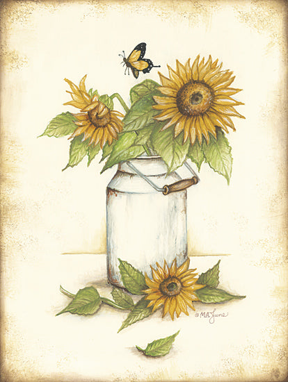 Mary Ann June MARY659 - MARY659 - A Touch of Sunshine - 12x16 sunflowers, monarch butterfly, milk can vase, rustic floral, yellow blooms, country charm, white background, sunny bouquet from Penny Lane