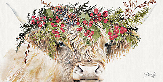 Marla Rae MAZ5987 - MAZ5987 - Red Berry Christmas Highland I - 18x9 Highland cow, Christmas wreath, pinecones, holly, festive animal, seasonal decor, watercolor cow, winter greens, berries, rustic charm from Penny Lane