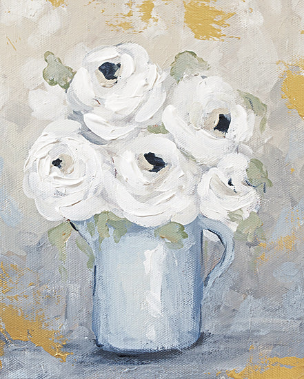 Mackenzie Kissell MKA195 - MKA195 - Flower Bunch I - 12x16 White roses, blue pitcher, soft tones, textured brushwork, romantic decor, neutral floral painting from Penny Lane