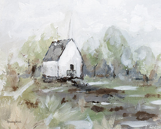 Mackenzie Kissell MKA203 - MKA203 - Chapel in the Grove - 16x12 Old chapel, rustic setting, foggy background, muted tones, rural charm, pastoral painting from Penny Lane
