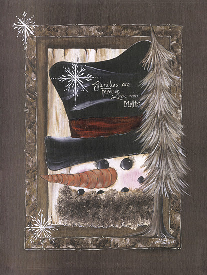 Michele Musser MM303 - MM303 - Love Never Melts - 12x16 snowman with top hat, winter quote artwork, families are forever, rustic frame, whimsical Christmas decor, cozy holiday painting, warm seasonal colors from Penny Lane