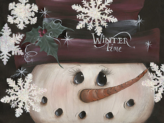 Michele Musser MM308 - MM308 - Winter Time Snowman - 16x12 snowman close-up face, winter hat and snowflakes, sparkle snow effects, holly and berries, cute seasonal art, happy winter time phrase from Penny Lane