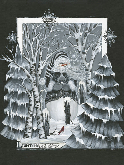 Michele Musser MM321 - MM321 - Lighting the Way - 12x16 Snowman in winter forest, cardinal bird, snow-covered trees, lighting the way quote, whimsical winter scene from Penny Lane