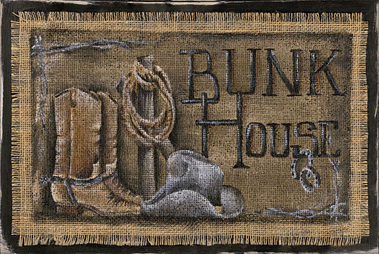 Michele Musser MM335 - MM335 - Bunk House - 18x12 cowboy boots, rope, western hat, horseshoe, barbed wire, rustic burlap texture, bunkhouse sign, western decor, vintage Americana from Penny Lane