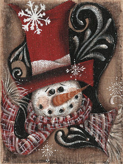 Michele Musser MM415 - MM415 - Burlap Snowman - 12x16 whimsical snowman, red winter hat, snowflakes, holiday swirl patterns, plaid scarf, festive and fun snow character from Penny Lane