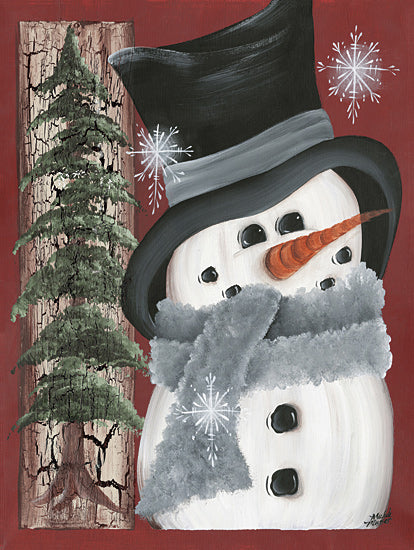 Michele Musser MM418 - MM418 - Smiley Snowman - 12x16 snowman with top hat and scarf, red winter background, pine tree with bark texture, painted snowflakes, festive holiday art from Penny Lane