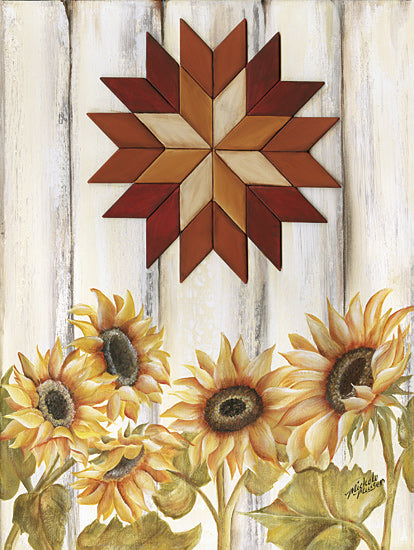 Michele Musser MM425 - MM425 - Starburst Sunflowers - 12x16 sunflowers with rustic star quilt block, white wooden backdrop, country barn decor, autumn floral, warm tones from Penny Lane